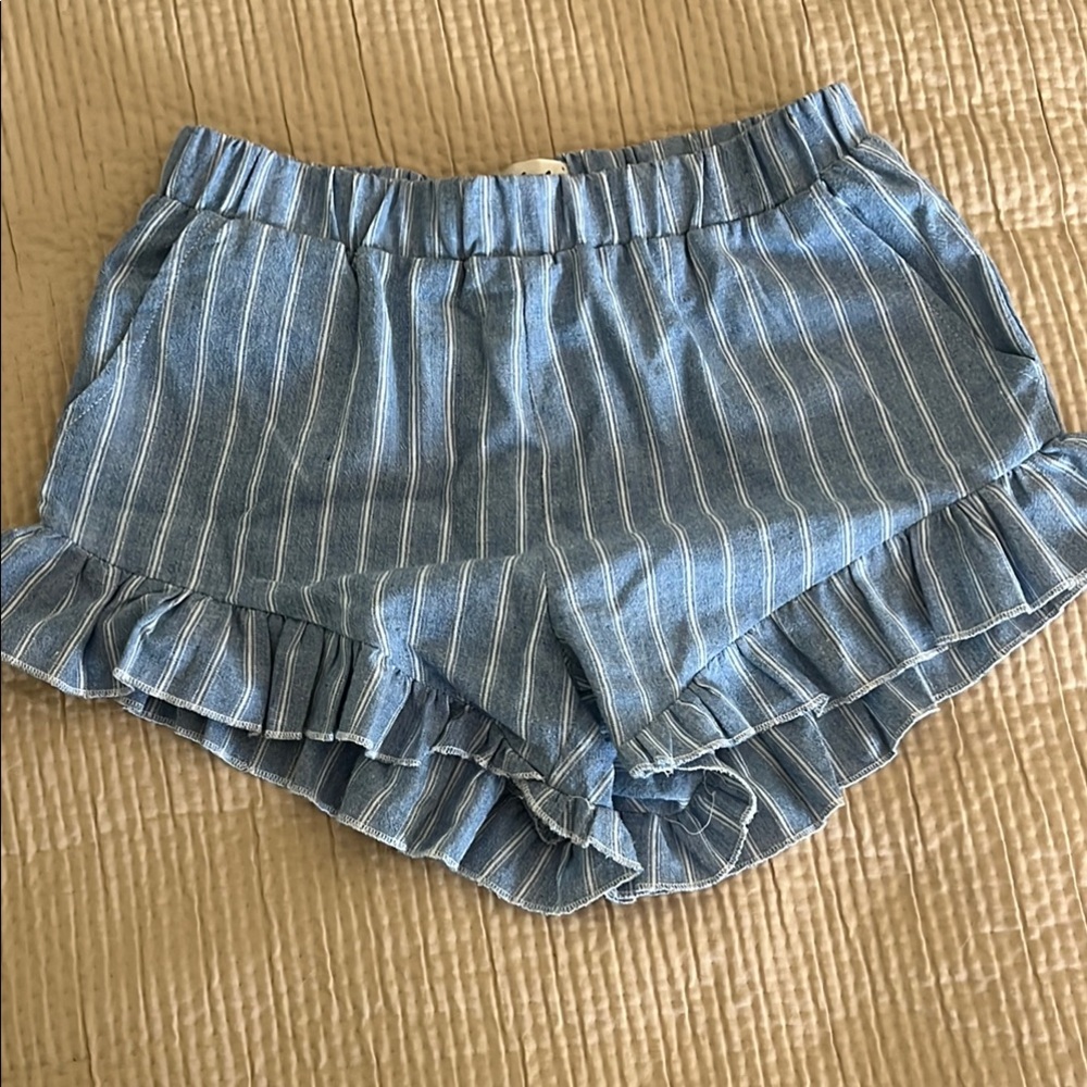 Listicle High Waist Blue and White Striped Ruffle Shorts